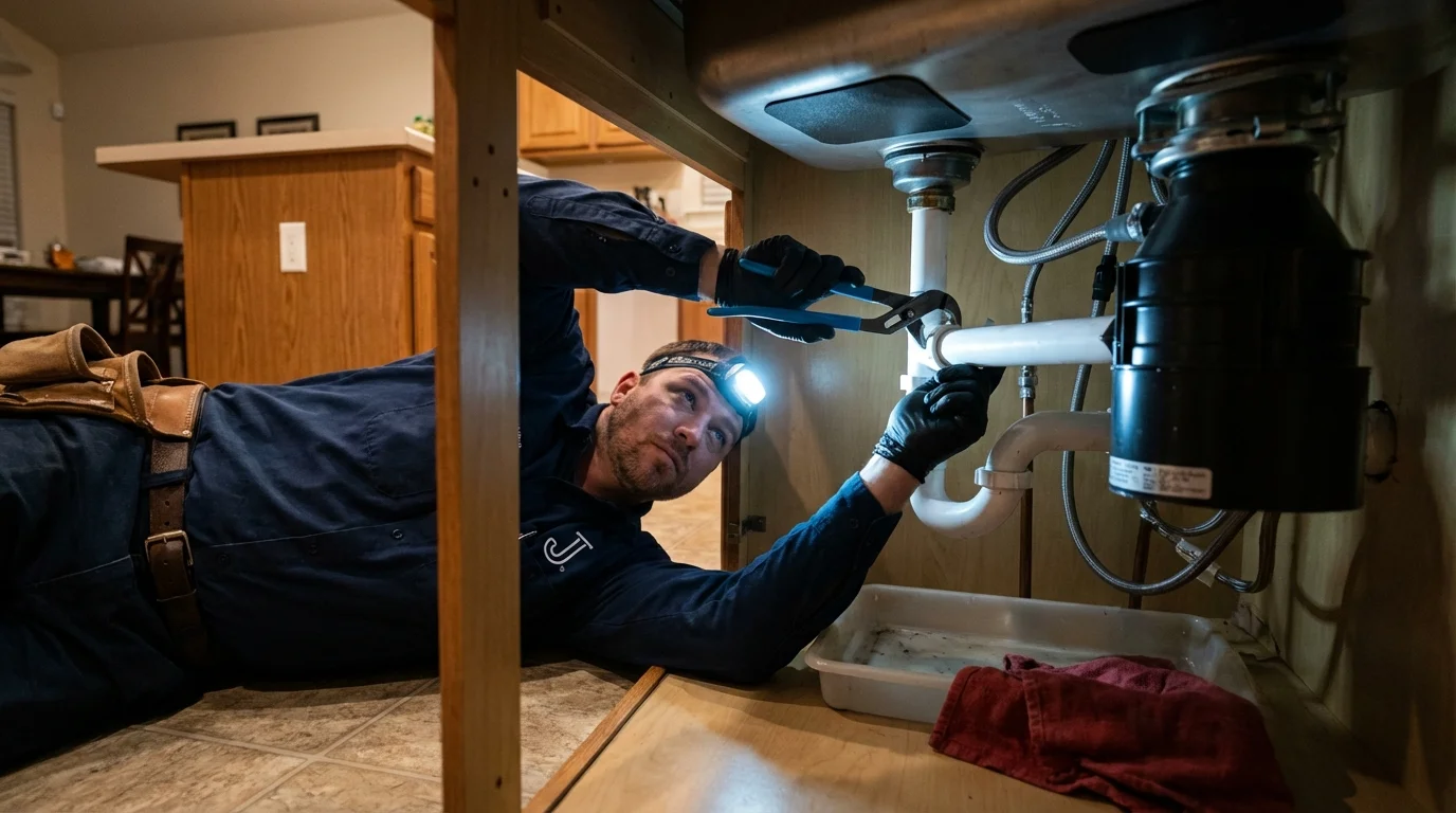 P-trap and supply line connections under a kitchen sink showing a common leak point in Kingston, NY